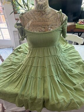 Free People Light Sage Green Smocked Tiered Midi Dress